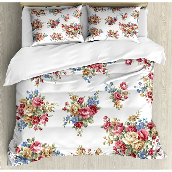 Floral Duvet Cover Set, Vintage Rose Flower Bouquets Romance Love Wedding Themed Nostalgic Image, Decorative 3 Piece Bedding Set with 2 Pillow Shams, King Size, Dark Coral Blue Tan, by Ambesonne