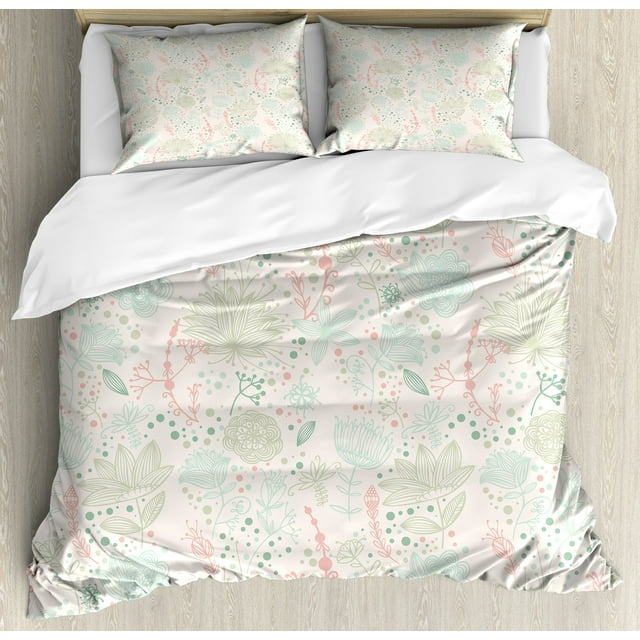 Floral Duvet Cover Set, Vintage Soft Greenery Dotted Background Nature