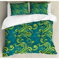 thumbnail image 1 of Floral Duvet Cover Set, Vintage Style Abstract Ornamental Flower Leaves and Branches Art Print, Decorative 3 Piece Bedding Set with 2 Pillow Shams, King Size, Teal and Lime Green, by Ambesonne, 1 of 3