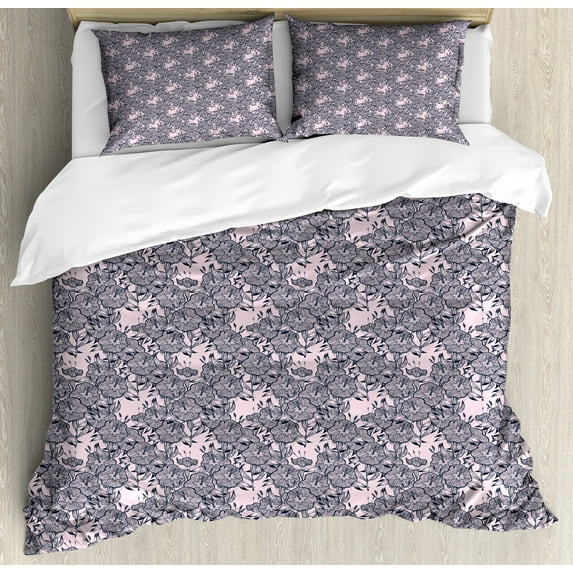 Floral Duvet Cover Set, Vintage Style Bindweed Flower Bells Natural and Scented Elements, Decorative 3 Piece Bedding Set with 2 Pillow Shams, Queen Size, Petrol Blue Mauve, by Ambesonne