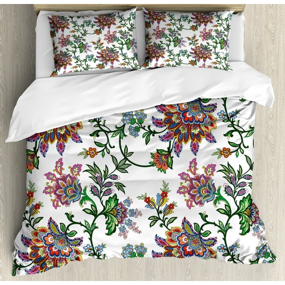 Floral Duvet Cover Set, Vintage Style Ornamental Flower Motifs Flourishing Romantic Spring Leaves Art, Decorative 3 Piece Bedding Set with 2 Pillow Shams, Calking Size, Multicolor, by Ambesonne