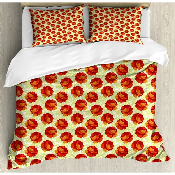 Floral Duvet Cover Set, Warm Colored Spring Flower Blossoming Art on Shadowy Style Leaves Print, Decorative 3 Piece Bedding Set with 2 Pillow Shams, Queen Size, Pale Green Vermilion, by Ambesonne