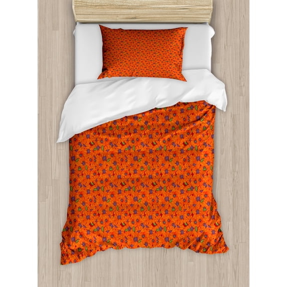 Floral Duvet Cover Set, Warm Tones Poppy Flowers Illustration, Decorative 2 Piece Bedding Set with 1 Pillow Shams, Twin Size, Burnt Sienna Eggplant, by Ambesonne