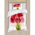 thumbnail image 1 of Floral Duvet Cover Set, Watercolor Painting Bouquet of Tulip Flower Botanical Romantic Print, Decorative 2 Piece Bedding Set with 1 Pillow Shams, Twin Size, Pink Coral Green, by Ambesonne, 1 of 3