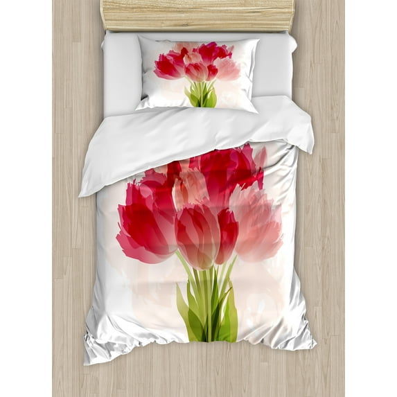 Floral Duvet Cover Set, Watercolor Painting Bouquet of Tulip Flower Botanical Romantic Print, Decorative 2 Piece Bedding Set with 1 Pillow Shams, Twin Size, Pink Coral Green, by Ambesonne