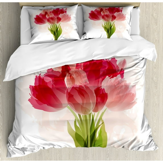 Floral Duvet Cover Set, Watercolor Painting Bouquet of Tulip Flower Botanical Romantic Print, Decorative 3 Piece Bedding Set with 2 Pillow Shams, Calking Size, Pink Coral Green, by Ambesonne