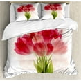 thumbnail image 1 of Floral Duvet Cover Set, Watercolor Painting Bouquet of Tulip Flower Botanical Romantic Print, Decorative 3 Piece Bedding Set with 2 Pillow Shams, King Size, Pink Coral Green, by Ambesonne, 1 of 3