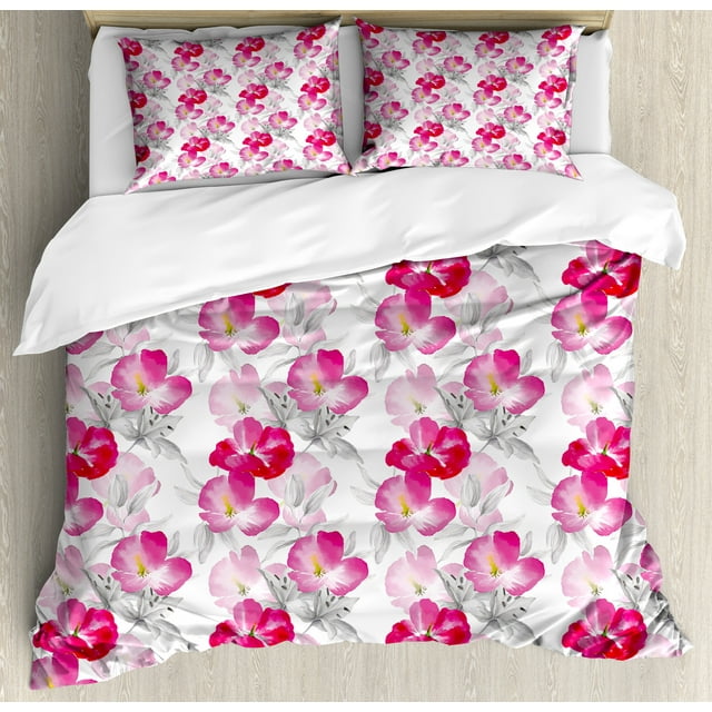 Floral Duvet Cover Set, Watercolor Poppy Flowers Vivid Color Environment Image Romantic Plants, Decorative 3 Piece Bedding Set with 2 Pillow Shams, King Size, Magenta Pink Grey, by Ambesonne