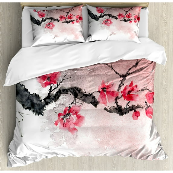 Floral Duvet Cover Set, Watercolor Splash Floral Branch on Plain Backdrop, Decorative 3 Piece Bedding Set with 2 Pillow Shams, Queen Size, Dark Coral Pale Salmon, by Ambesonne