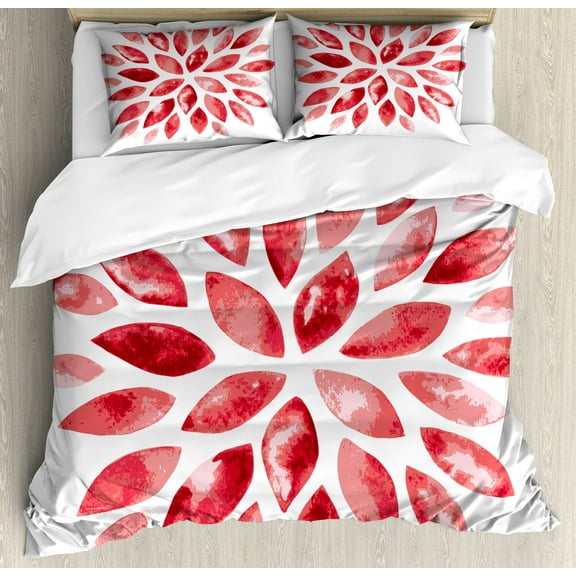 Floral Duvet Cover Set, Watercolor Style Flower Buds Petals Nature Beauty Blossom Boho Flourish Print, Decorative 3 Piece Bedding Set with 2 Pillow Shams, Calking Size, Ruby Red, by Ambesonne