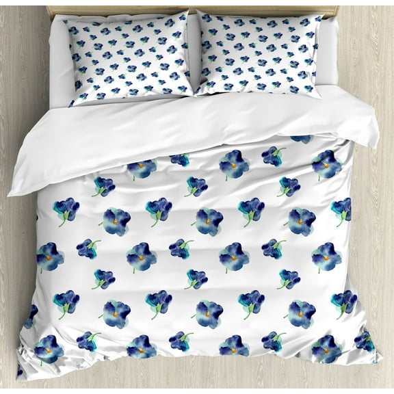 Floral Duvet Cover Set, Watercolors Painted Violet Flowers Pattern Blooms Spring Nature Theme, Decorative 3 Piece Bedding Set with 2 Pillow Shams, Queen Size, Turquoise Navy Blue, by Ambesonne