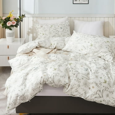 Floral Duvet Cover Set White Organic Cotton Duvet Cover Cottagecore Flower Printed Reversible Bedding Set King Size