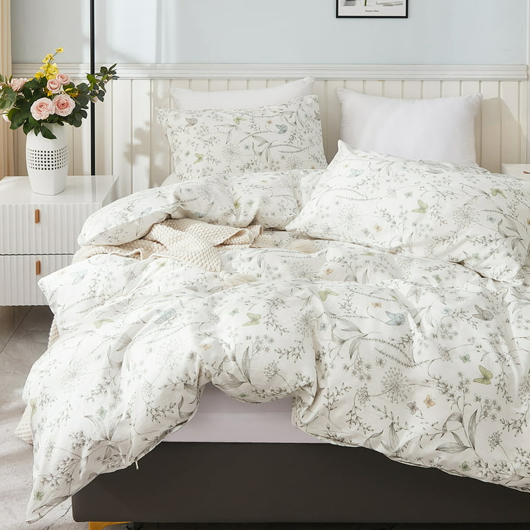 Floral Duvet Cover Set White Organic Cotton Duvet Cover Cottagecore Flower  Printed Reversible Bedding Set Twin Size
