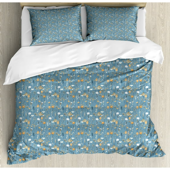 Floral Duvet Cover Set, Winter Style Botanical Bloom Flowers in Pastel Tones, Decorative 3 Piece Bedding Set with 2 Pillow Shams, King Size, Blue Grey Multicolor, by Ambesonne