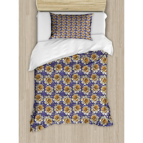 Floral Duvet Cover Sets, Bold Flowers with Large Round Spots, Bedding Set with 2 Duvet Covers & 2 Pillowcases, 2 Pack Twin Size, Dark Lavender Orange, by Ambesonne