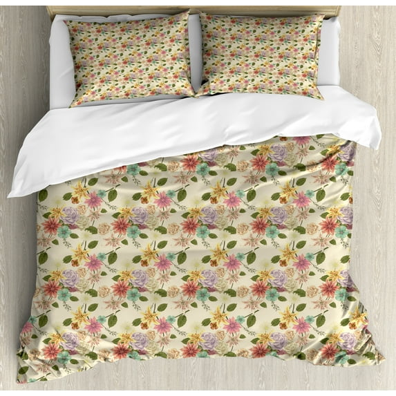 Floral Duvet Cover Sets, Classic Blossom Romantic Rose Bouquets Lilly Magnolia Vintage Repetition, Bedding Set with 2 Duvet Covers & 4 Pillowcases, 2 Pack Queen Size, Eggshell Multicolor, by Ambesonne