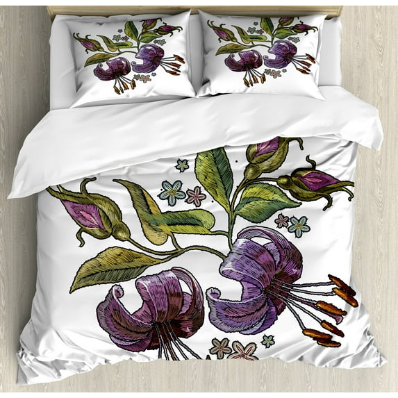 Floral Duvet Cover Sets, Pattern of Classical Tiger Lillies on Plain Background, Bedding Set with 2 Duvet Covers & 4 Pillowcases, 2 Pack Queen Size, Pale Fuchsia Plum, by Ambesonne