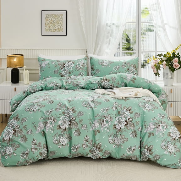 Floral Duvet Cover Soft 100% Nature Cotton Vintage Style Green Bedding Set with Zipper Closure 3 Pcs Cottagecore Botanical Duvet Cover, Ultra Soft, Breathable