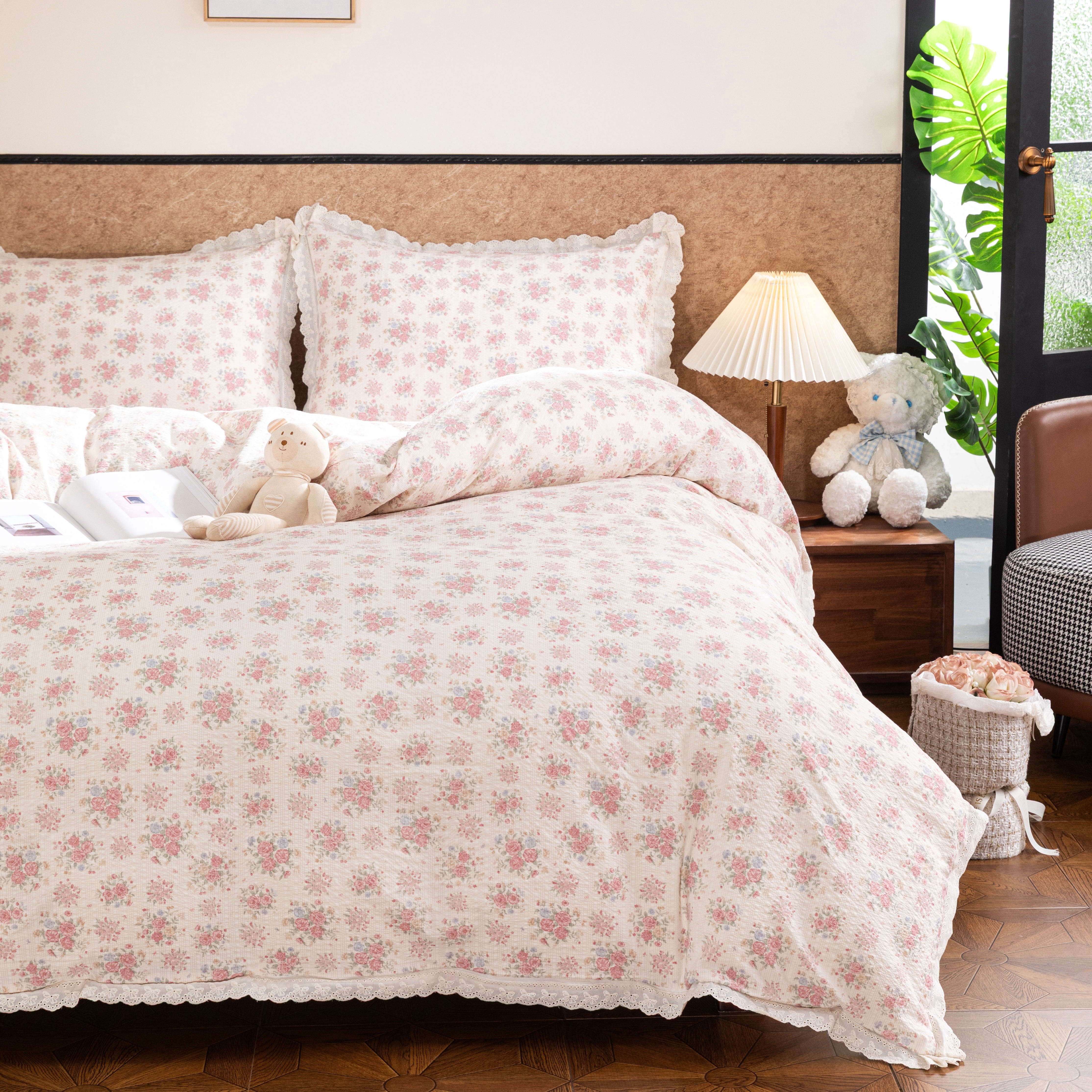 Floral Duvet Cover Twin Pink Flower Bowknot Lace Ruffle Duvet Cover Set Country Vintage Farmhouse Bedding Set for Girls Kids Textured Seersucker Reversible Comforter Cover 3 Pcs