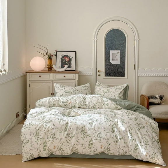Floral Duvet Cover Twin Size 100% Cotton Reversible Green Botanical Leaf Printd on White Comforter Cover 3 Pieces Soft Breathable Spring Cottagecore Bedding Set with Zipper Closure