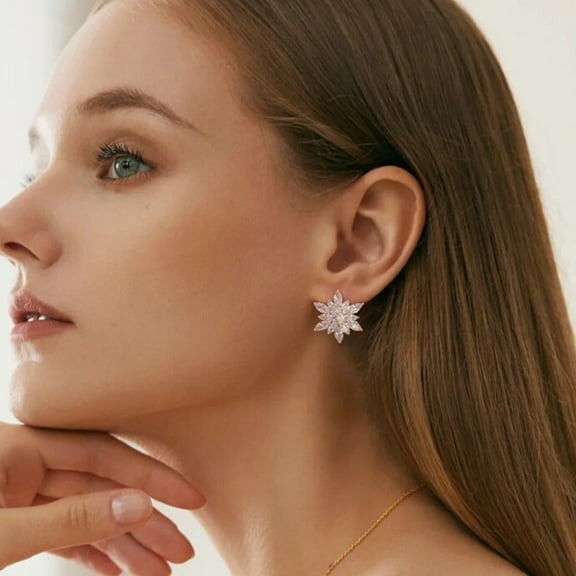 Floral Earrings for Women - Fashionable Sunflower Stud Earrings with Rhinestones, Large Sparkly CZ Flower Cluster Jewelry, Stylish Wedding Party Accessories,Tone Post Backs for Daily Wear