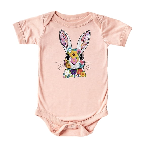 Floral Easter Bunny Baby Bodysuit for Girls Ink Printed Embroidery Spring Rabbit One-Piece Peach Bodysuit Newborn