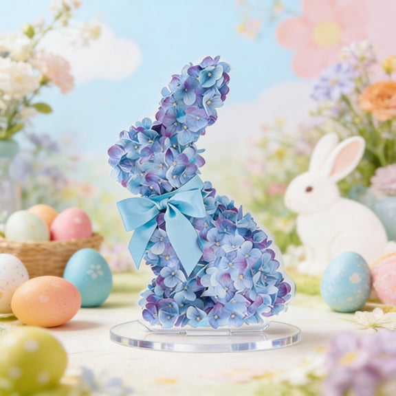 Floral Easter Bunny Decorations with Bow, 20cm Blue Hydrangea Bunny for Table, Spring Easter Desktop Centerpiece Decoration for Home Decor