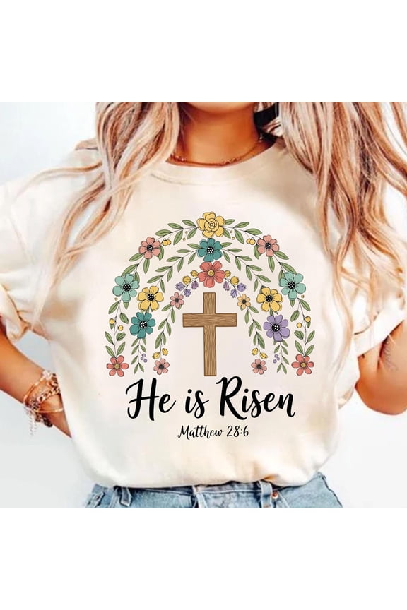 Floral Easter Cross Shirt He Is Risen Christian Tee