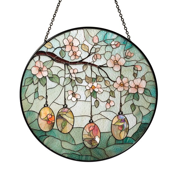 Floral Easter Egg Tree Stained Glass Style Suncatcher Window Hanging Decor, Decorative Egg Tree Glass Panel Art for Spring Window Decoration, Colorful Botanical Holiday Ornament