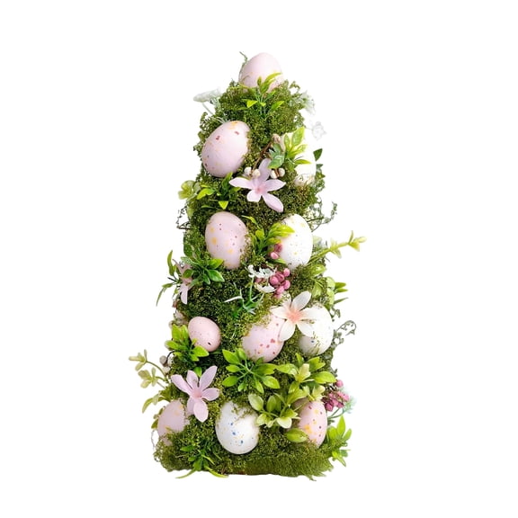 Floral Easter Egg Tree Tabletop Decoration, Artificial Spring Egg Tree with Greenery, Moss and Blossom Accents, Decorative Cone-Shaped Holiday Display for Home, Shelf, Mantel and Seasonal Décor