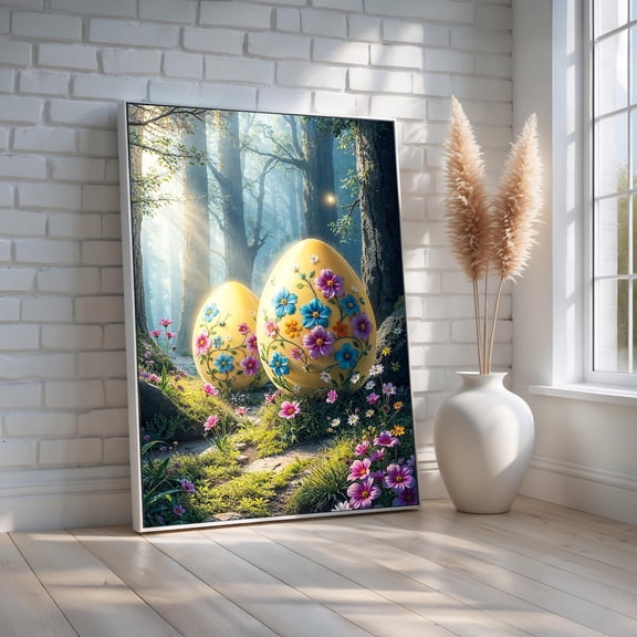 Floral Easter Egg Wall Art Poster Whimsical Spring Forest Decor With Flowers Magical Nature Print For Home Or Nursery Ready To Hang, Unframed Poster Size 8x12