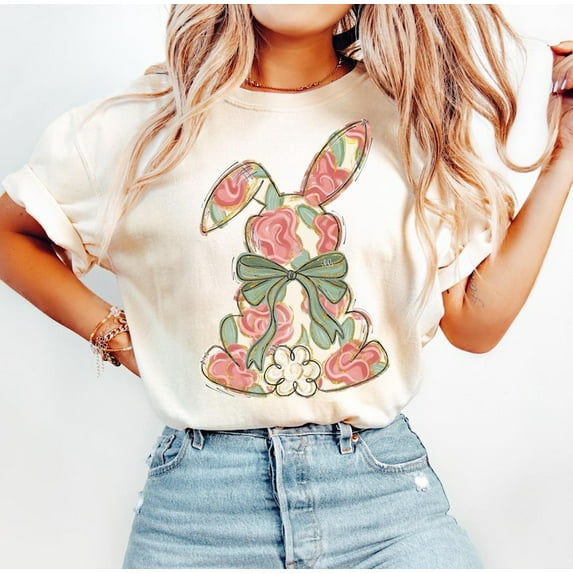 Floral Easter Shirt, Coquette Bow Easter Tshirt, Easter Bunny Shirt, Easter Shirts for Women, Easter Rabbit Shirt