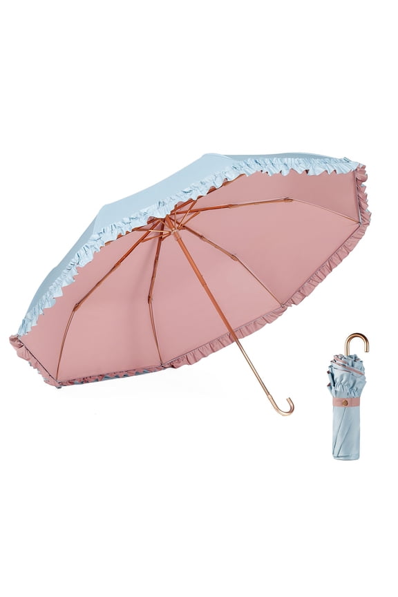Floral Edge Compact Umbrella Folding Anti-UV Parasol with Hook Handle Sunproof Rainproof & Windproof Umbrella