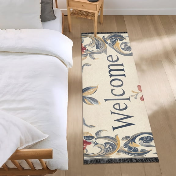 Floral Edging Beige Bedroom Runner Rug 2'x 6' Non Slip Carpet Indoor Home Area Rug Living Room