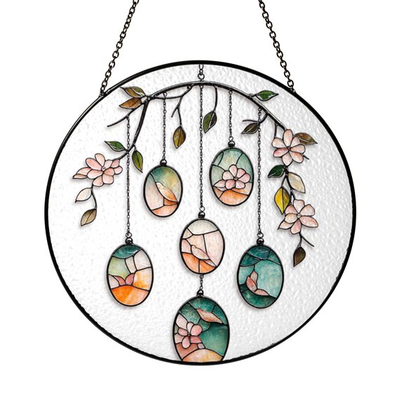 Floral Egg Tree Stained Glass Style Window Suncatcher Hanging Decor, Botanical Decorative Glass Panel Art for Spring Seasonal Window Ornament