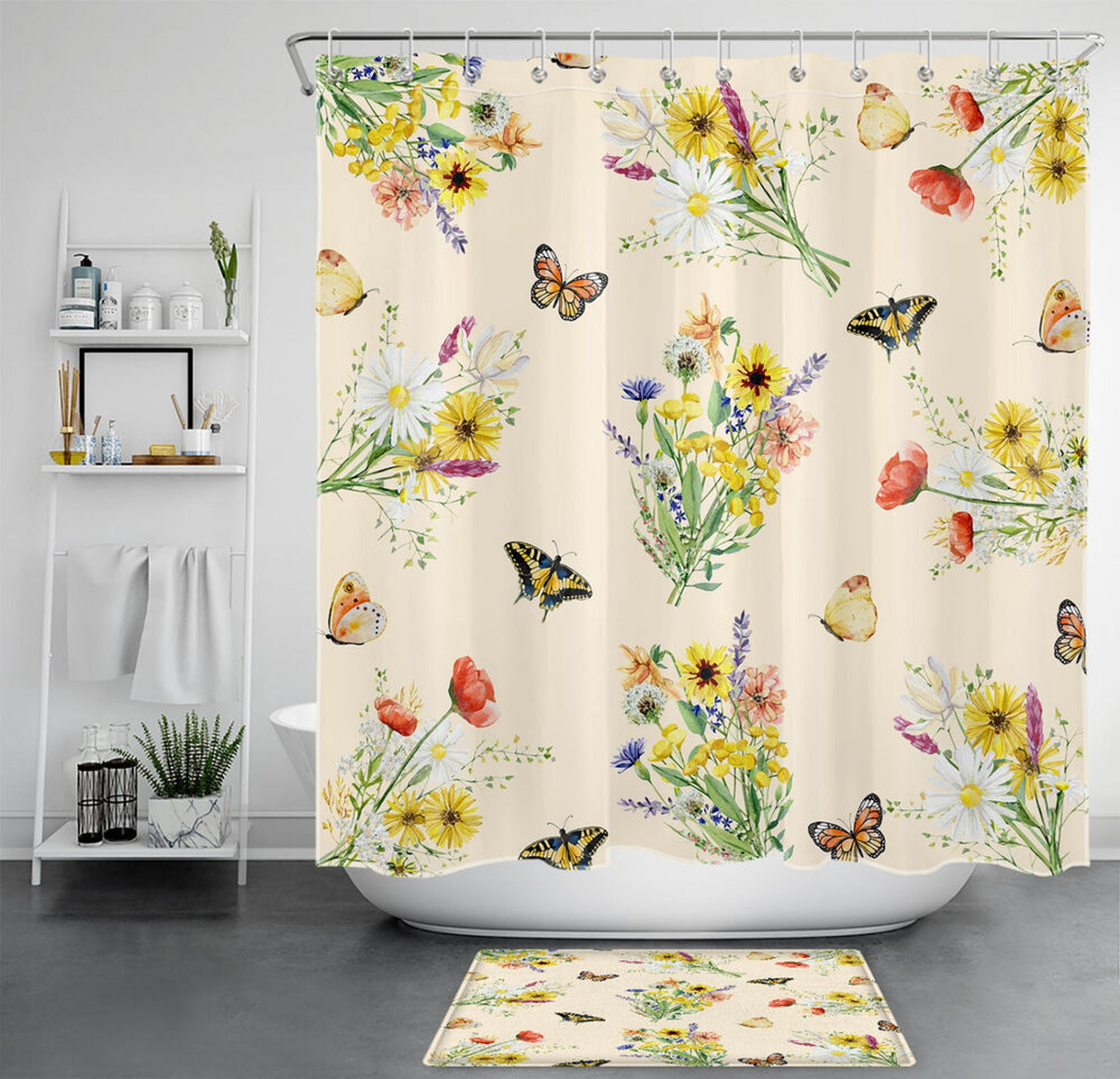 Floral Elegance Beige, Purple, and Yellow Butterfly Shower Curtain for a Stylish Bathroom