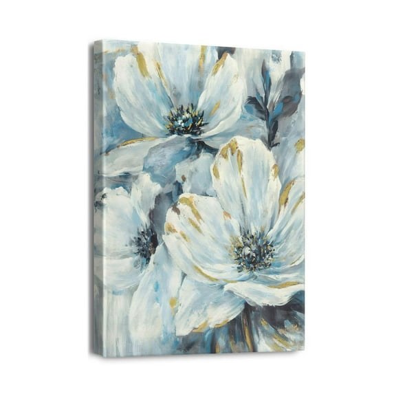 Floral Elegance Navy Blue Abstract Flower Painting on Canvas - Vintage Gray Wall Art for Bedroom or Bathroom Décor, High Quality Print, 12X16 inches