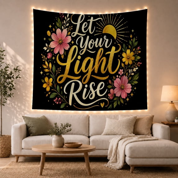 Floral Elements Phrase With Your Rise Arranged, Inspirational Illustration for Quote Lovers, Wall Decor, Valentine's Day Gift, Tapestry Wall Hanging for Dorm and Living Room