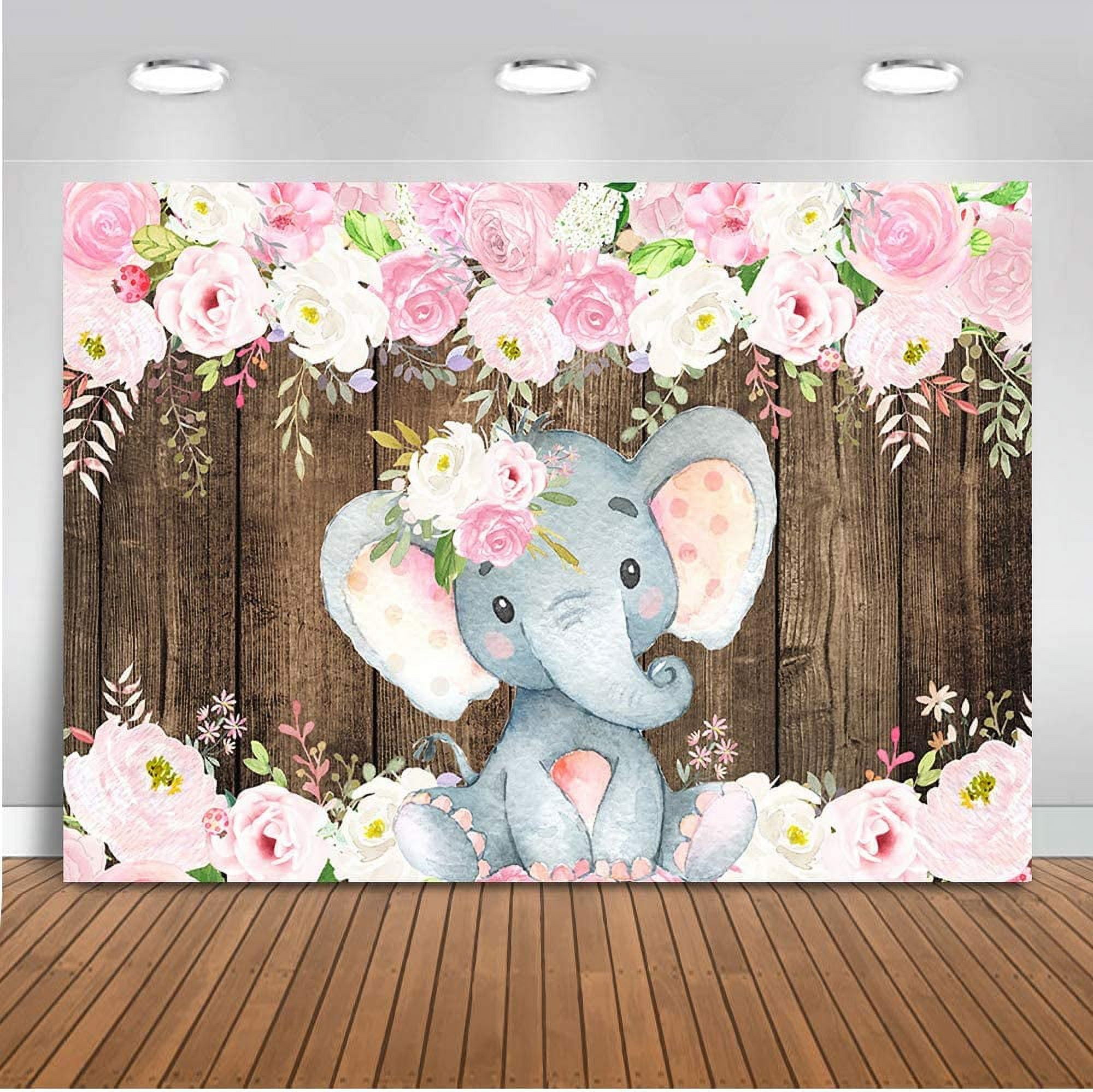 Pink Floral And Elephant Round Wood Baby Shower Backdrop