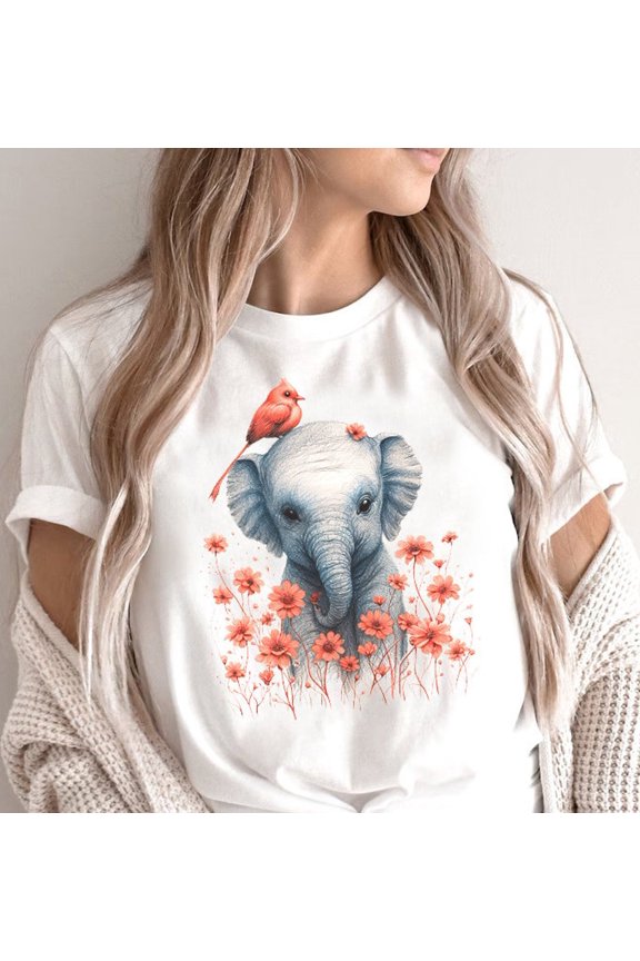 Floral Elephant Calf And Bird African Nature Graphic T Shirt All Size S-3XL