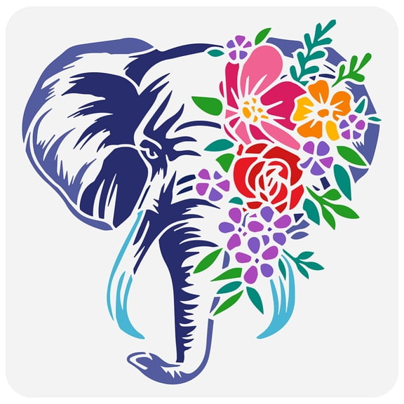 Floral Elephant Painting Stencil 11.8x11.8 inch Plastic Elephant Pattern Stencil Reusable Animal Theme Template for Painting on Wood Floor Wall,