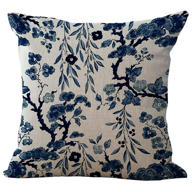 Floral Elk Blue and White Decorative Cotton Linen Throw Pillow Case ...