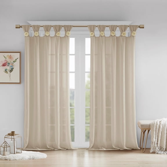Floral Embellished Cuff Tab Top Solid Curtain Panel(Only 1 Pc Panel)