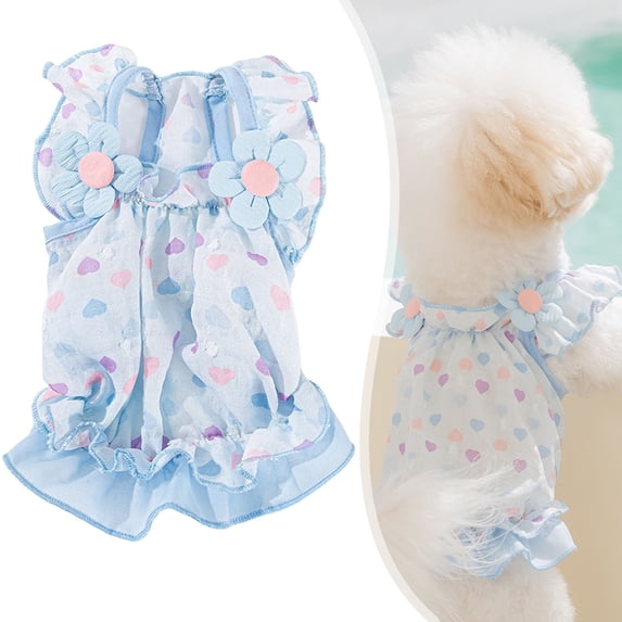 Floral Embellished Dog Dress in Yellow & Blue - Delicate Heart Print Dog Skirt Perfect for Small Breeds Cute Pet Outfit for Spring and Summer Occasions