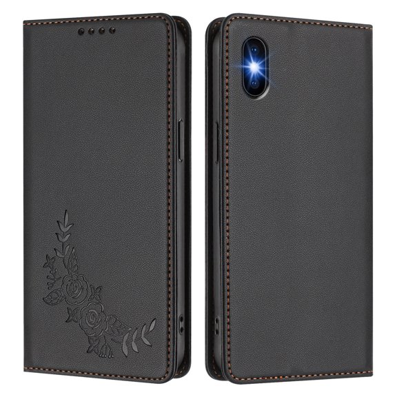 Floral Embossed PU Leather Wallet Phone Case, Flip Folio Card Holder Shockproof Protective Cell Phone Cover with Kickstand for iPhone X/iPhone Xs Universal-Black