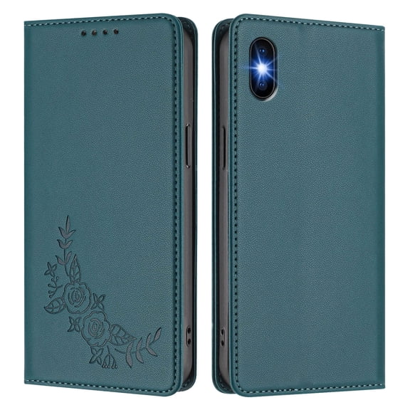 Floral Embossed PU Leather Wallet Phone Case, Flip Folio Card Holder Shockproof Protective Cell Phone Cover with Kickstand for iPhone X/iPhone Xs Universal-Green
