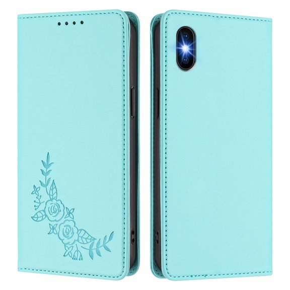 Floral Embossed PU Leather Wallet Phone Case, Flip Folio Card Holder Shockproof Protective Cell Phone Cover with Kickstand for iPhone X/iPhone Xs Universal-Mint Green