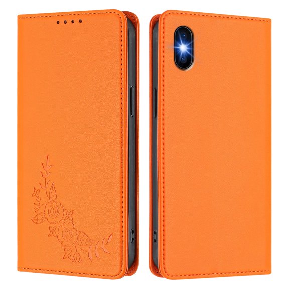 Floral Embossed PU Leather Wallet Phone Case, Flip Folio Card Holder Shockproof Protective Cell Phone Cover with Kickstand for iPhone X/iPhone Xs Universal-Orange