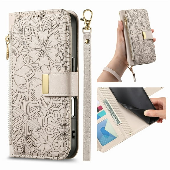 Floral Embossed Zipper Wallet Case for Motorola Edge 2024, Soft TPU and PU Leather with Shoulder Strap & Wrist Strap & Card Slots & Kickstand & Magnetic Clasp, Shockproof Rugged Case Cover, Beige
