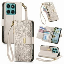 Floral Embossed Zipper Wallet Case for Motorola Edge 2025, Soft TPU and PU Leather with Shoulder Strap & Wrist Strap & Card Slots & Kickstand & Magnetic Clasp, Shockproof Rugged Case Cover, Beige